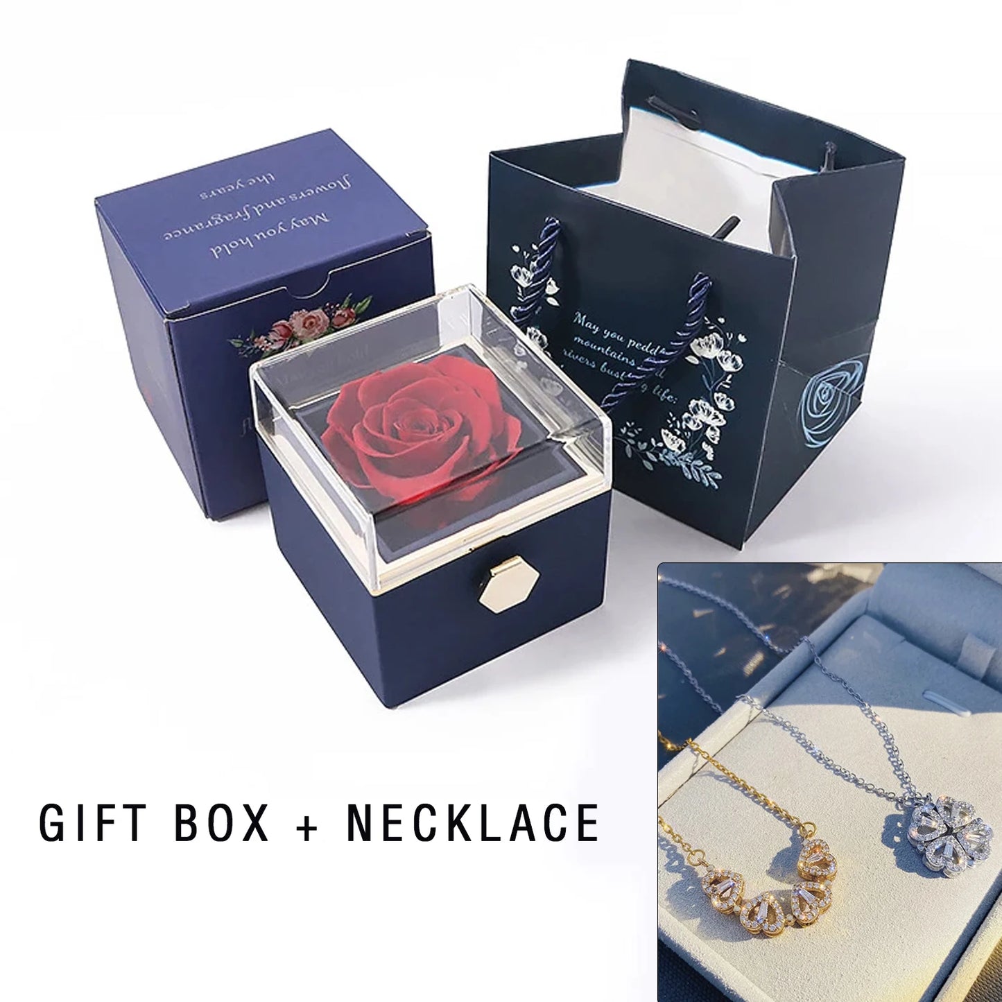 Valentine Eternal Rose Jewelry Ring Box Rotate Wedding Pendant Necklace Storage Case For Women Valentine's Day Gift