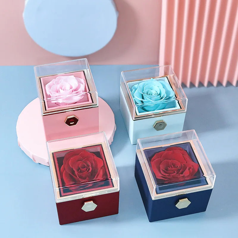 Custom Valentine Eternal Rose Jewelry Ring Box Rotate Wedding Pendant Necklace Storage Case For Women Girlfriend ChristmasGift