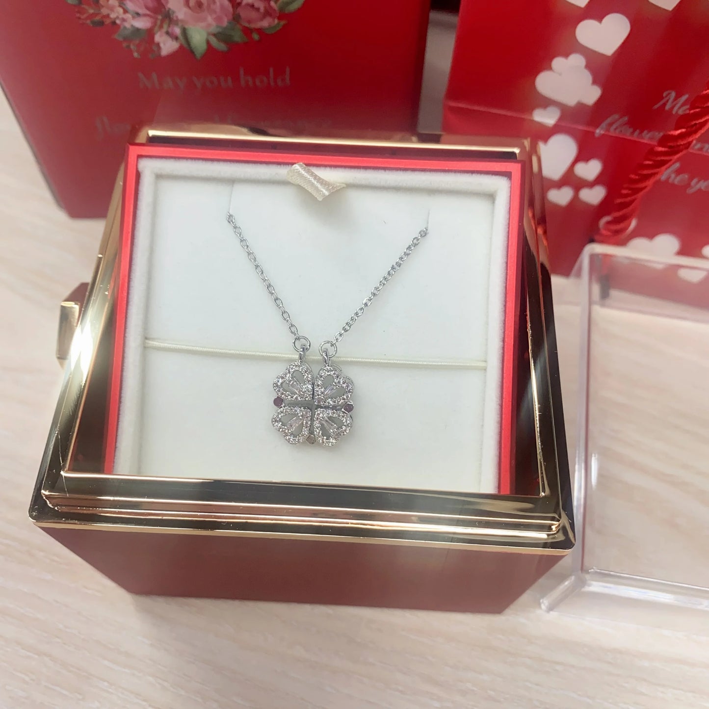 Valentine Eternal Rose Jewelry Ring Box Rotate Wedding Pendant Necklace Storage Case For Women Valentine's Day Gift