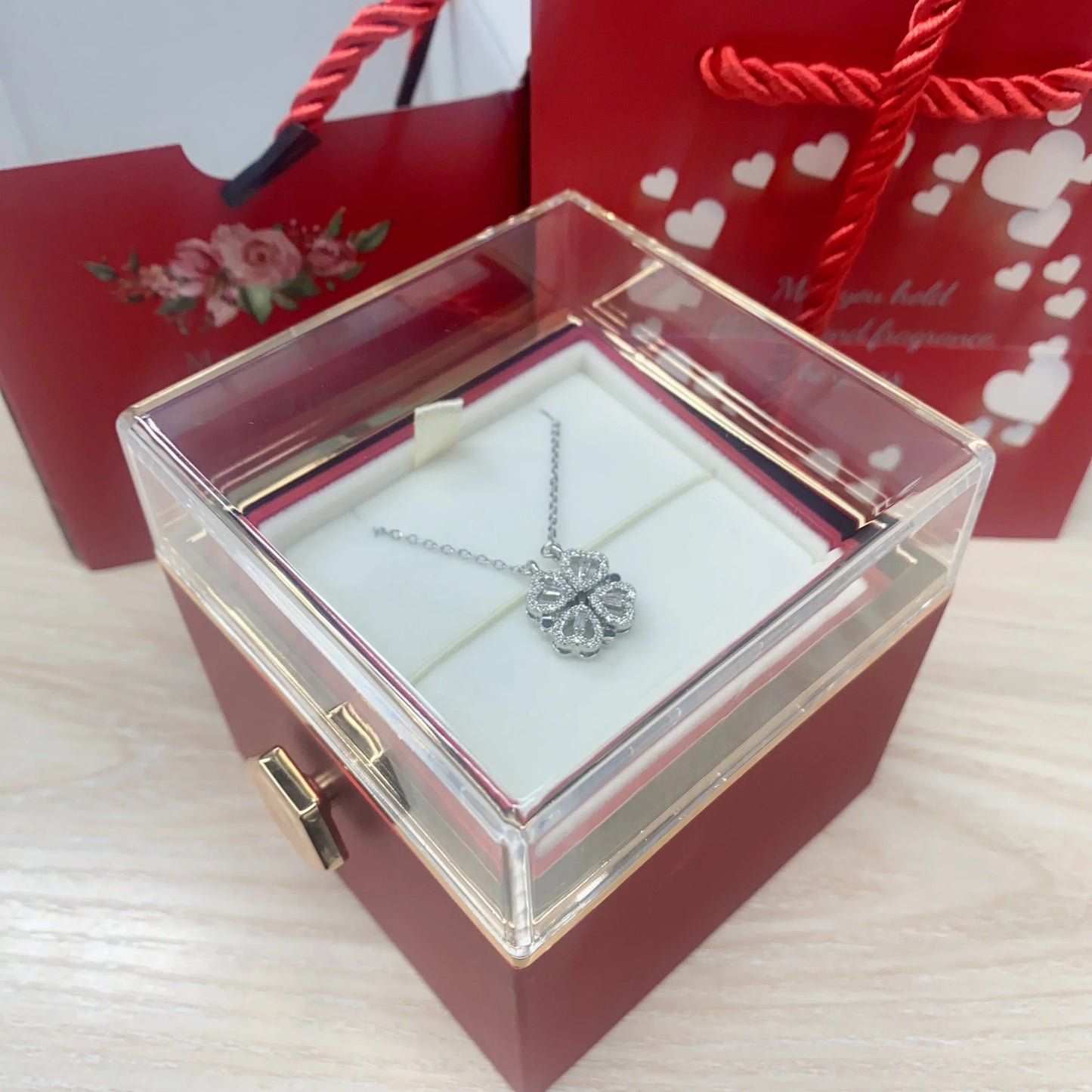 Valentine Eternal Rose Jewelry Ring Box Rotate Wedding Pendant Necklace Storage Case For Women Valentine's Day Gift