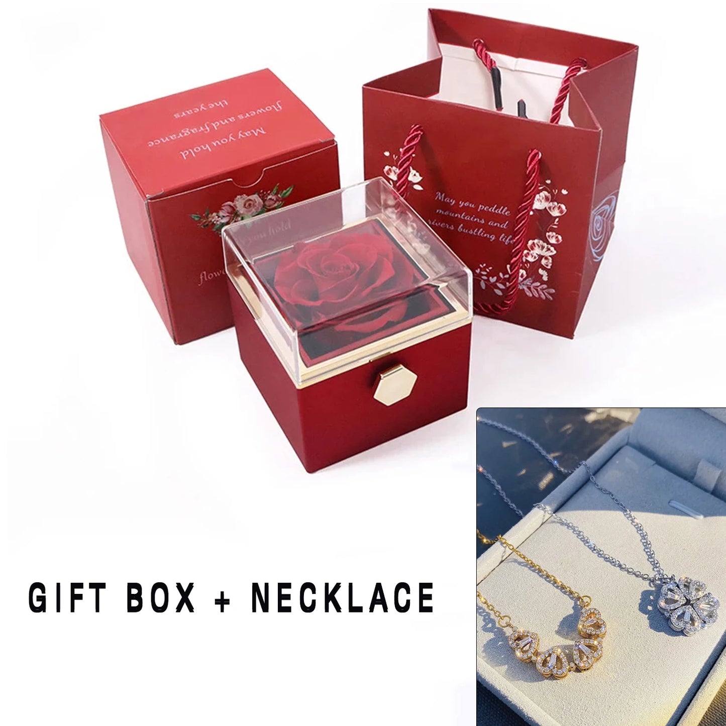 Valentine Eternal Rose Jewelry Ring Box Rotate Wedding Pendant Necklace Storage Case For Women Valentine's Day Gift