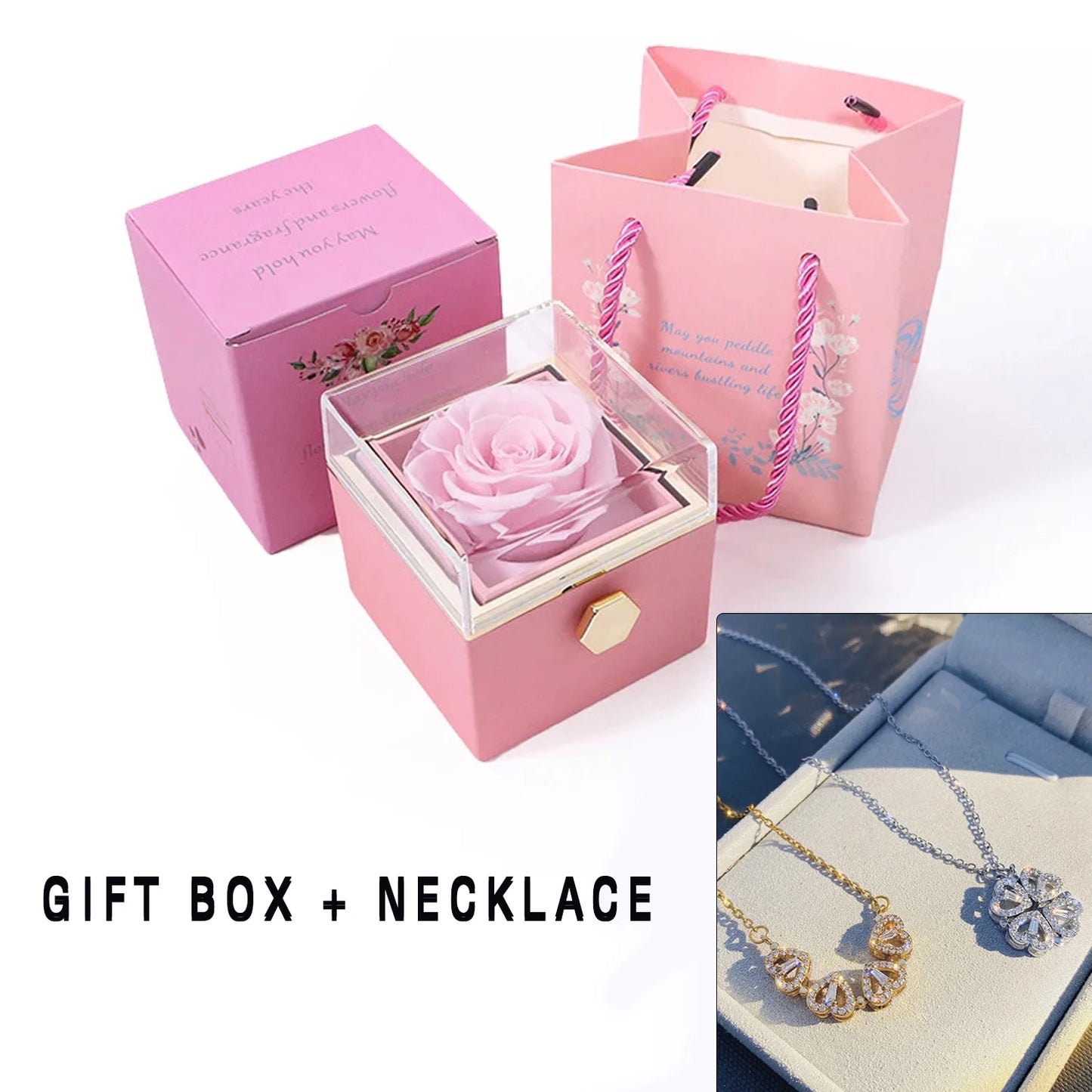 Valentine Eternal Rose Jewelry Ring Box Rotate Wedding Pendant Necklace Storage Case For Women Valentine's Day Gift